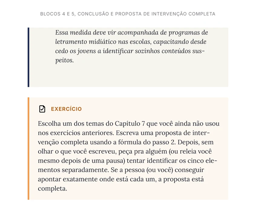 Página do guia com um exercício de proposta de intervenção pra revisar antes de entregar.