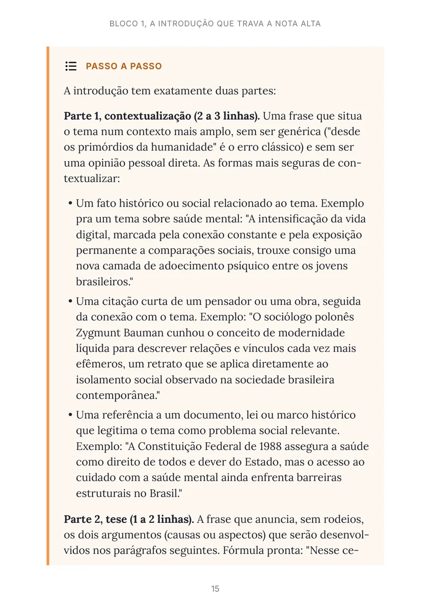 Página do guia mostrando o passo a passo da estrutura de 5 blocos da redação.
